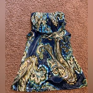 Speechless Strapless Satin Blue/Yellow Paisley Dress w/Pockets